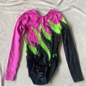 GK Elite long-sleeve rhinestone gymnastics competition leotard.